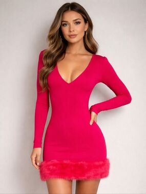 Hera Collection Fuchsia V-Neck Long-Sleeve Bodycon Mini Dress with Faux-Fur Hem